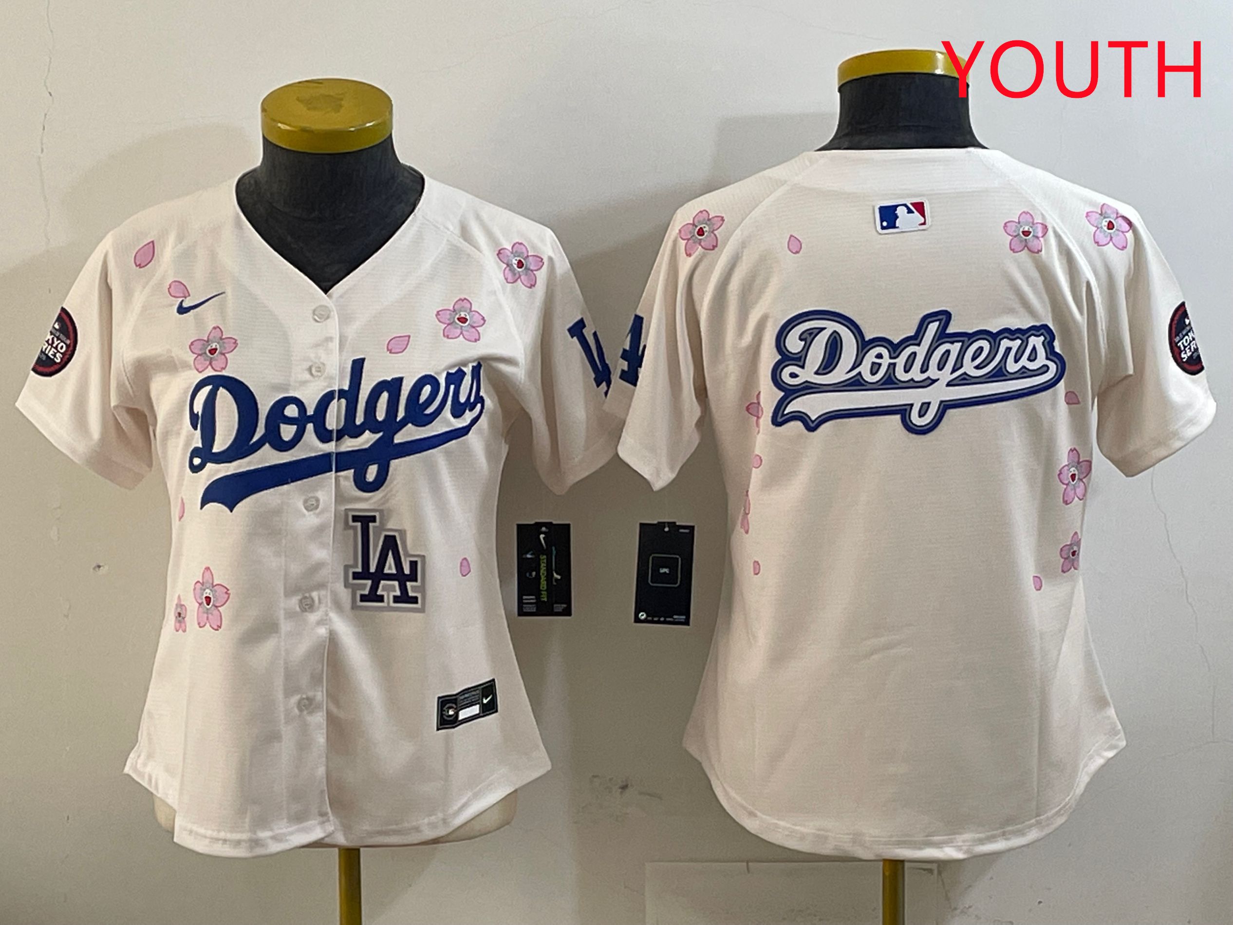 Youth Los Angeles Dodgers Blank Cream Sakura Edition 2025 Nike MLB Jersey style 18->youth mlb jersey->Youth Jersey